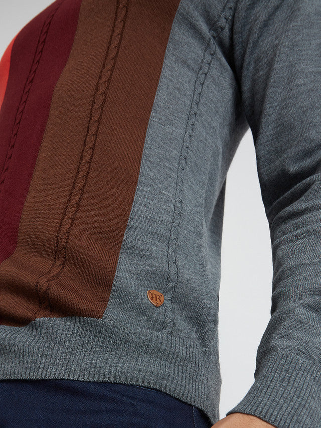 Men Grey Structure Cable Acrylic Wool Blend Round Collar Sweaters - Image 7