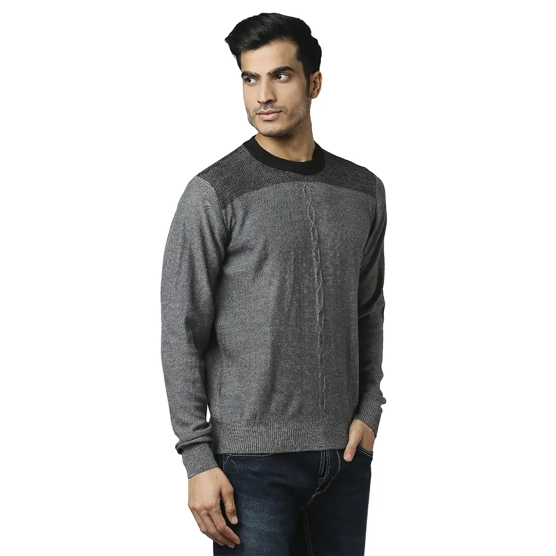 Men Grey Structure Cable Acrylic Wool Blend Round Collar Sweaters - Image 2