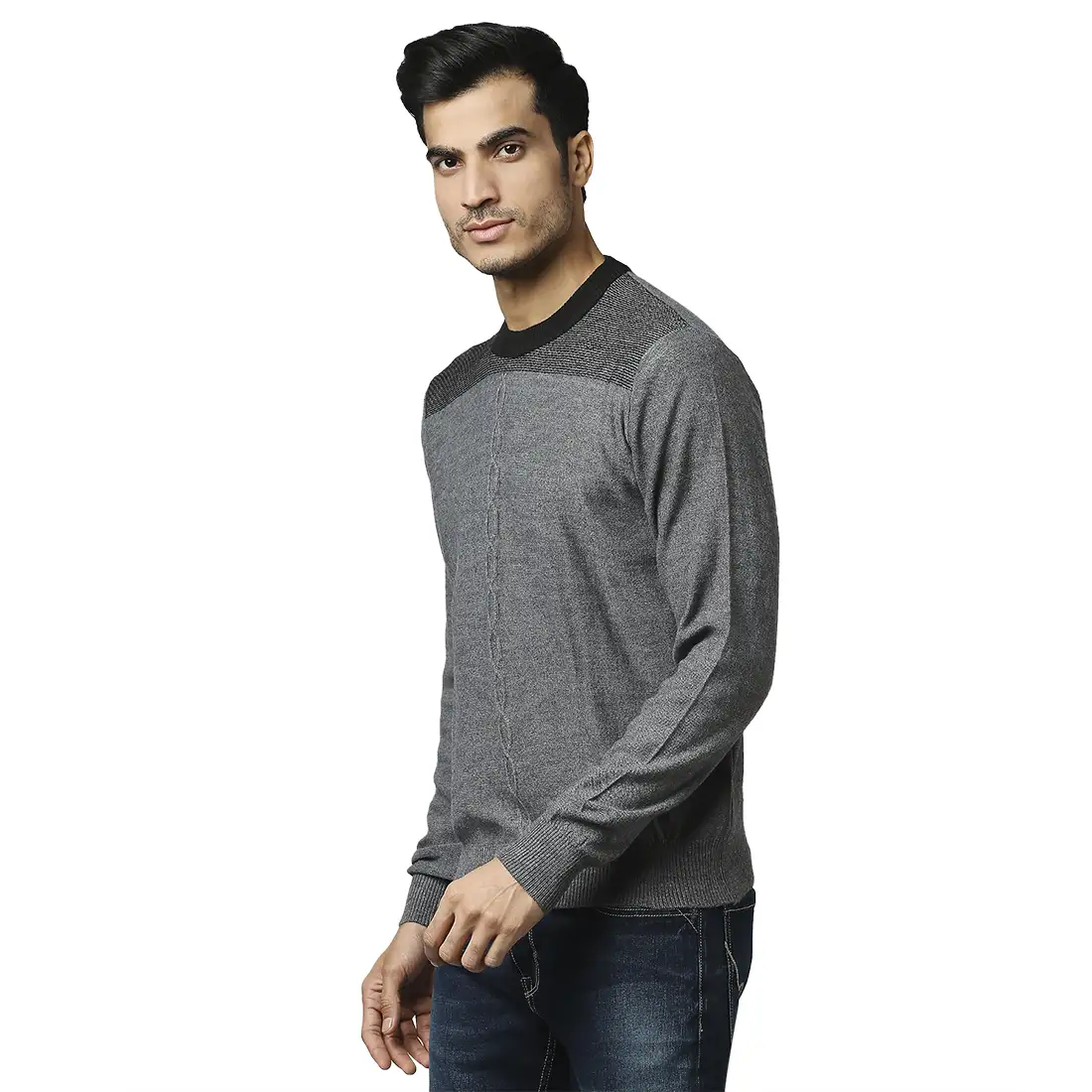 Men Grey Structure Cable Acrylic Wool Blend Round Collar Sweaters - Image 3
