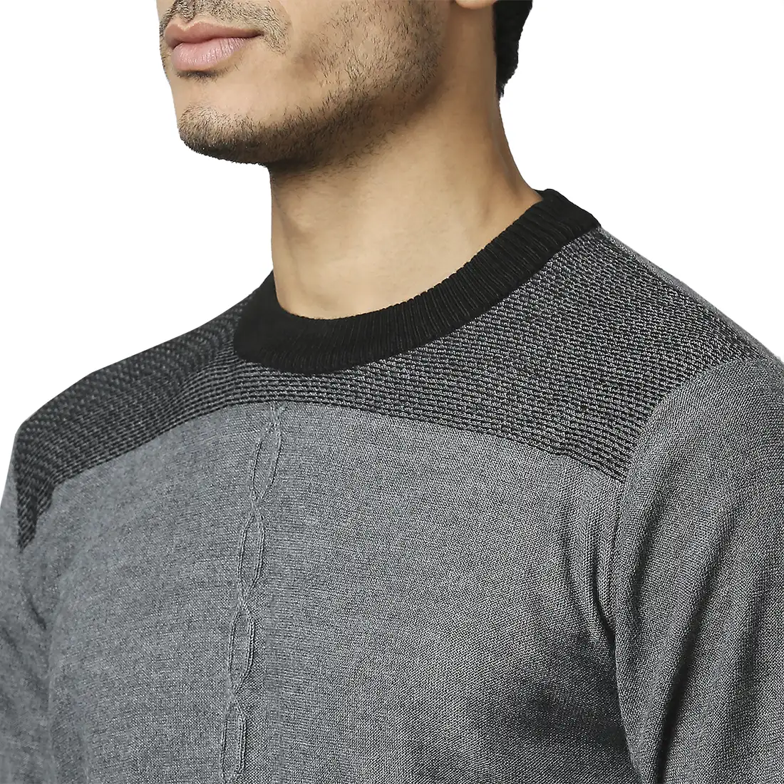 Men Grey Structure Cable Acrylic Wool Blend Round Collar Sweaters - Image 6