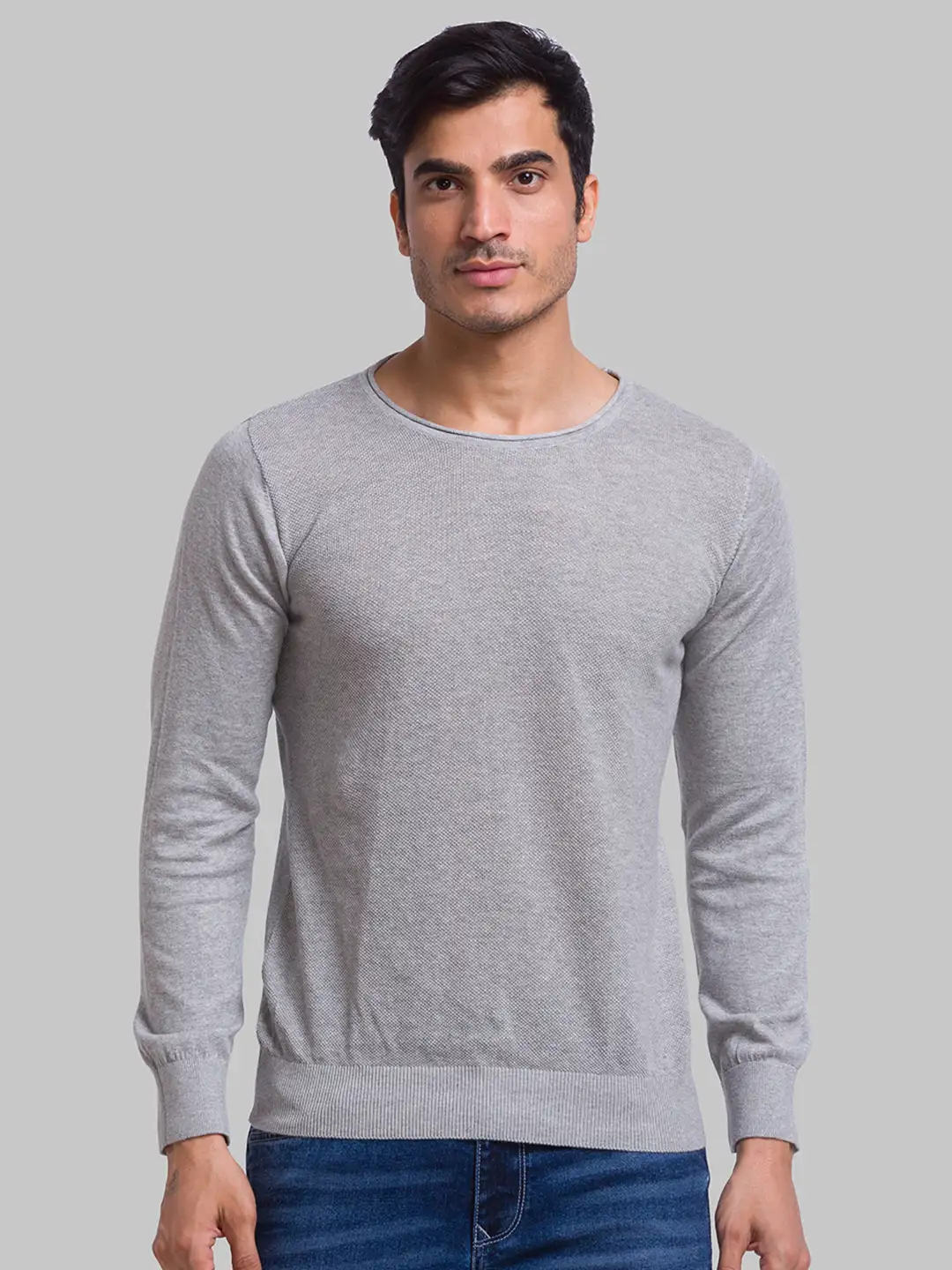 Men Grey Structure Cotton Full Sleeve Sweaters