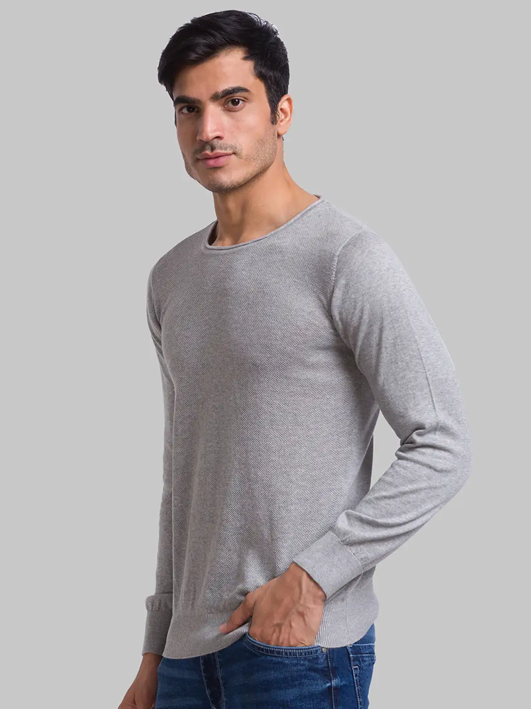 Men Grey Structure Cotton Full Sleeve Sweaters - Image 3