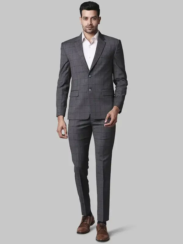 Men Grey Super Slim Fit Checks Polyester Blend Suit