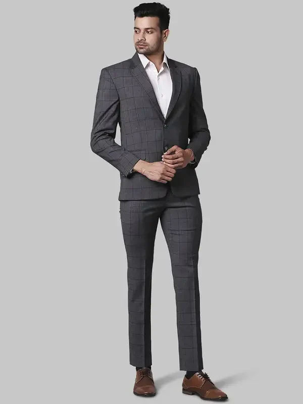 Men Grey Super Slim Fit Checks Polyester Blend Suit - Image 2