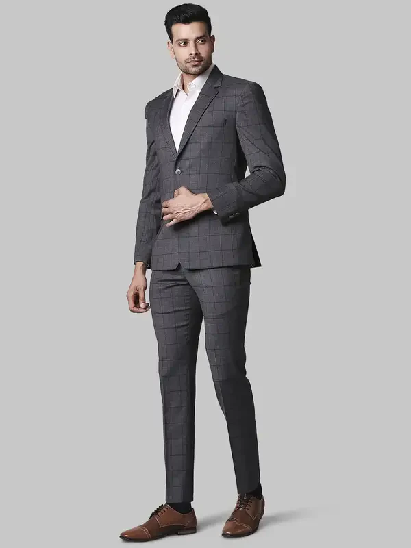Men Grey Super Slim Fit Checks Polyester Blend Suit - Image 3