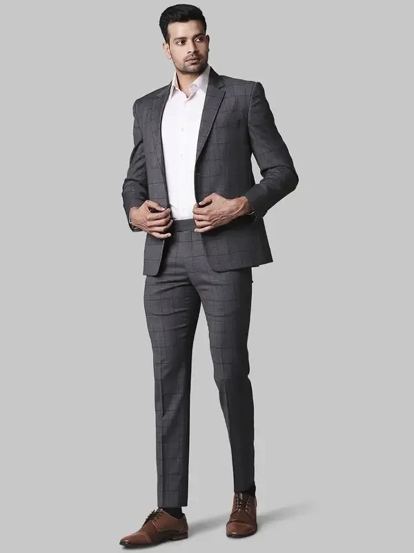 Men Grey Super Slim Fit Checks Polyester Blend Suit - Image 5