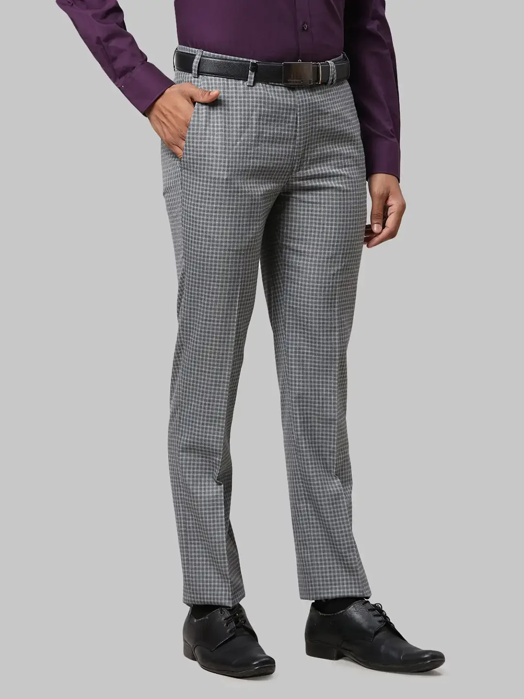 Men Grey Super Slim Fit Checks Polyester Blend Trouser - Image 2