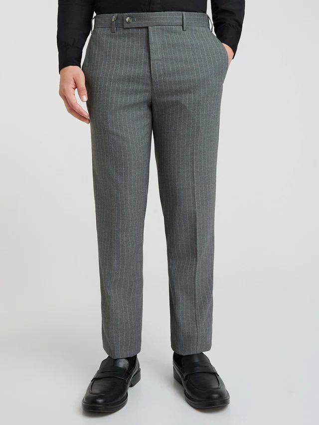 Men Grey Super Slim Fit Stripe Polyester Blend Trouser