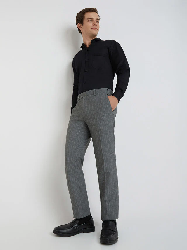 Men Grey Super Slim Fit Stripe Polyester Blend Trouser - Image 5