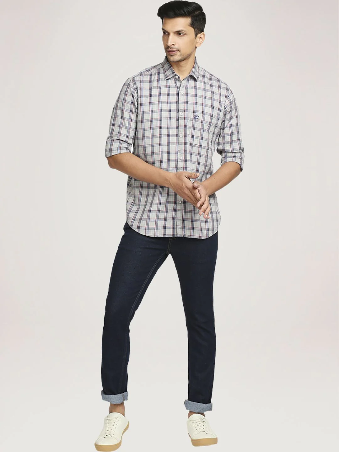 Men Grey Tailored Fit Checks Cotton Full Sleeve Shirts - Image 5