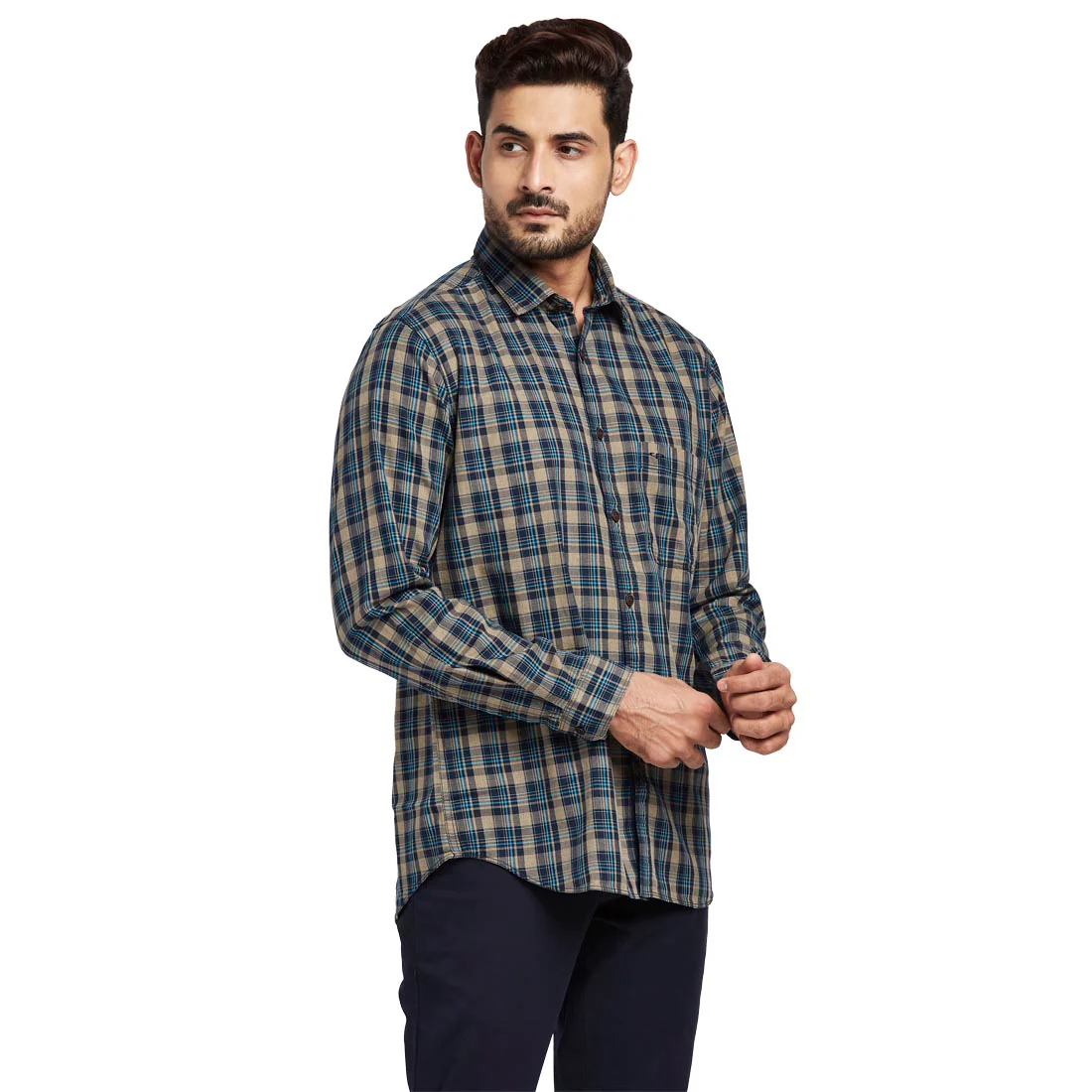 Men Grey Tailored Fit Checks Cotton Full Sleeve Shirts - Image 2