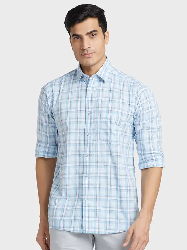 Men Grey Tailored Fit Checks Cotton Full Sleeve Shirts