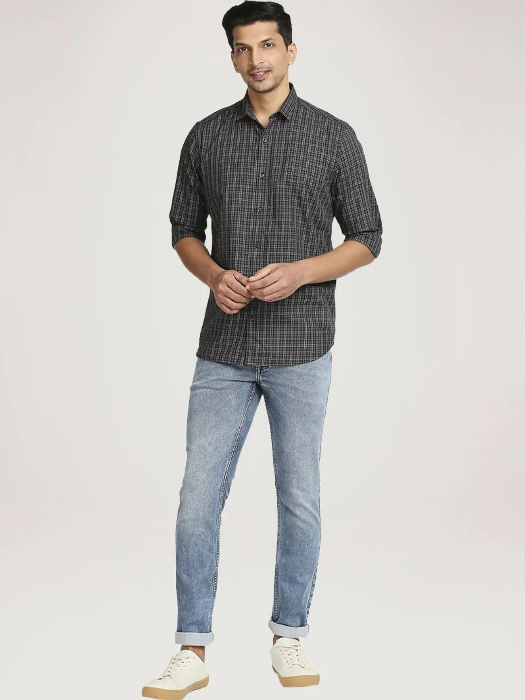 Men Grey Tailored Fit Checks Cotton Full Sleeve Shirts - Image 2