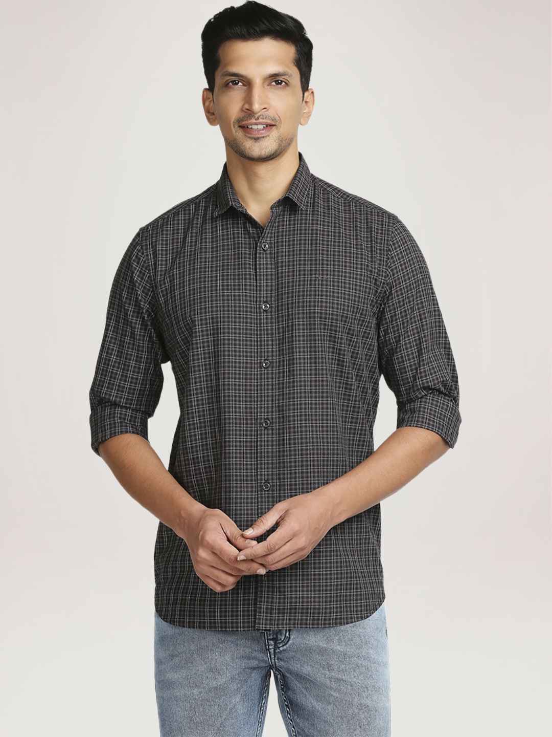 Men Grey Tailored Fit Checks Cotton Full Sleeve Shirts - Image 4