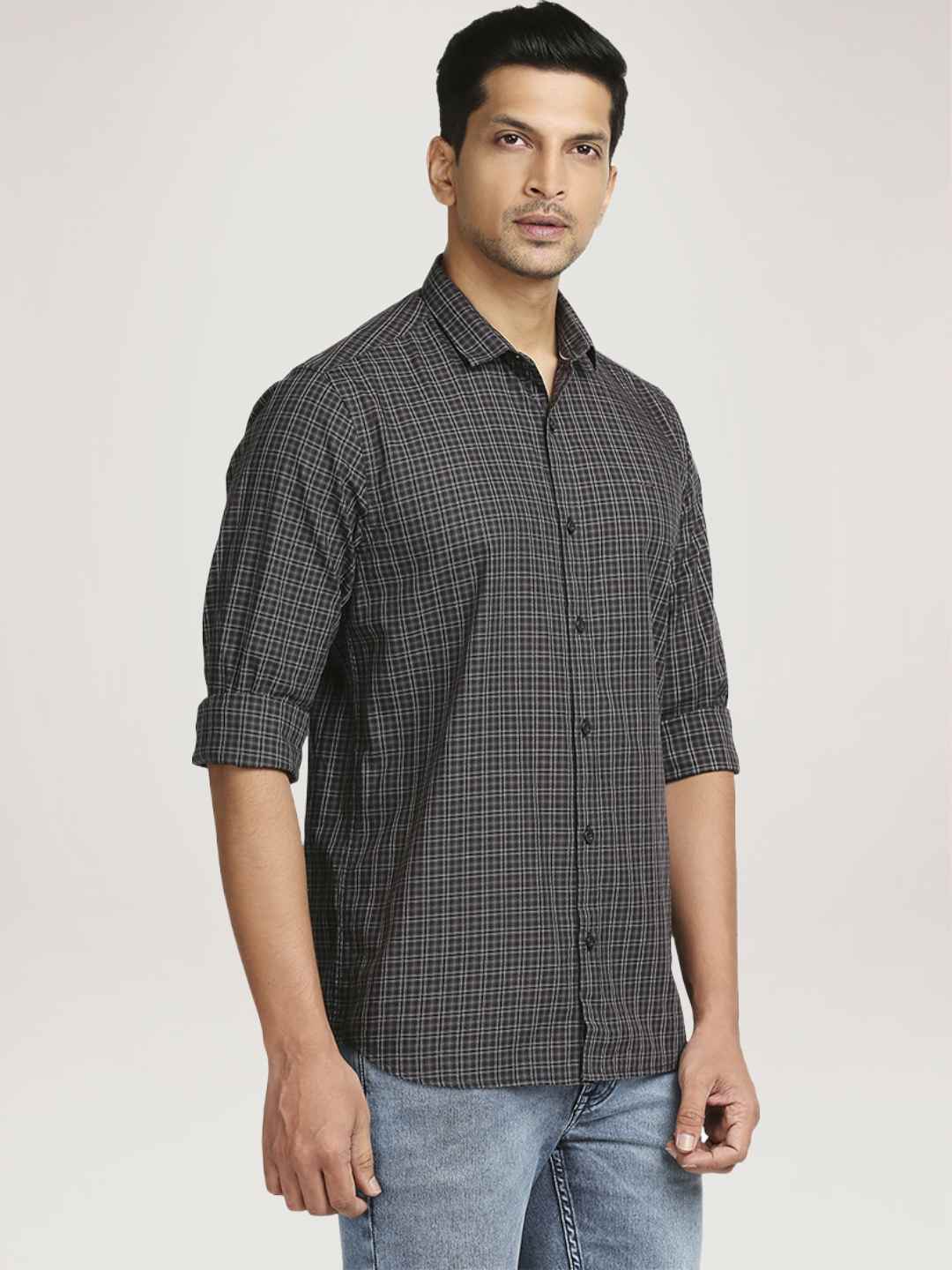 Men Grey Tailored Fit Checks Cotton Full Sleeve Shirts - Image 5