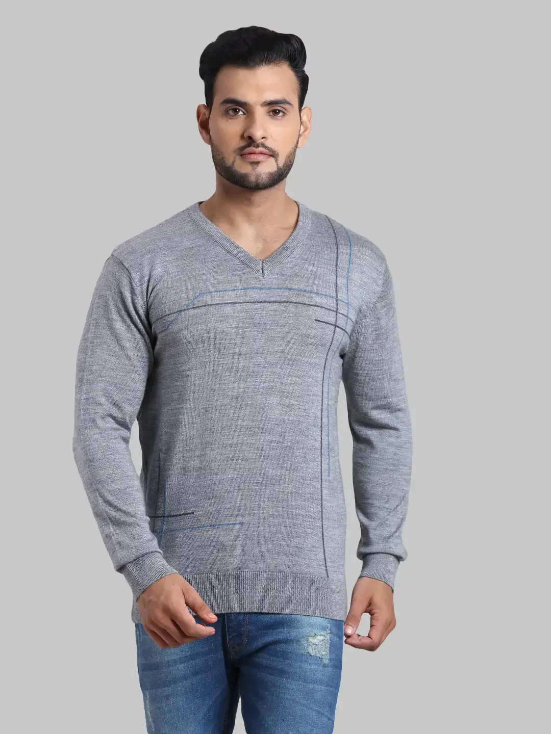 Men Grey Tailored Fit Intarsia Acrylic Wool Blend Full Sleeve V Neck Collar Sweaters