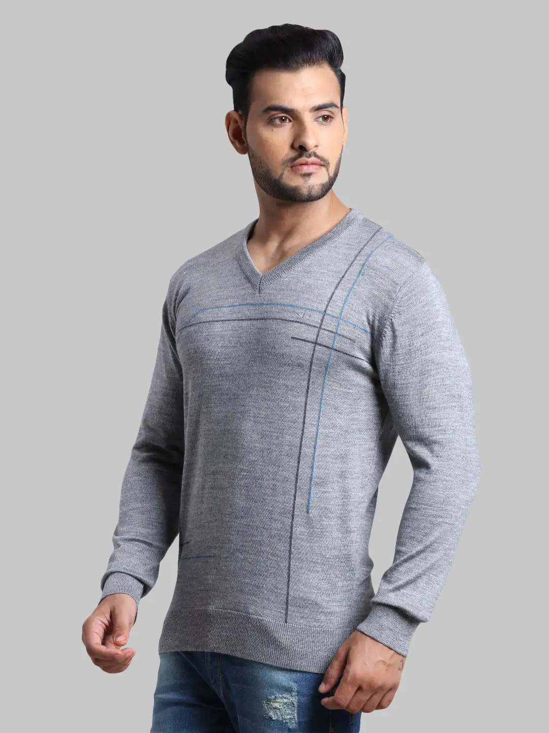 Men Grey Tailored Fit Intarsia Acrylic Wool Blend Full Sleeve V Neck Collar Sweaters - Image 3