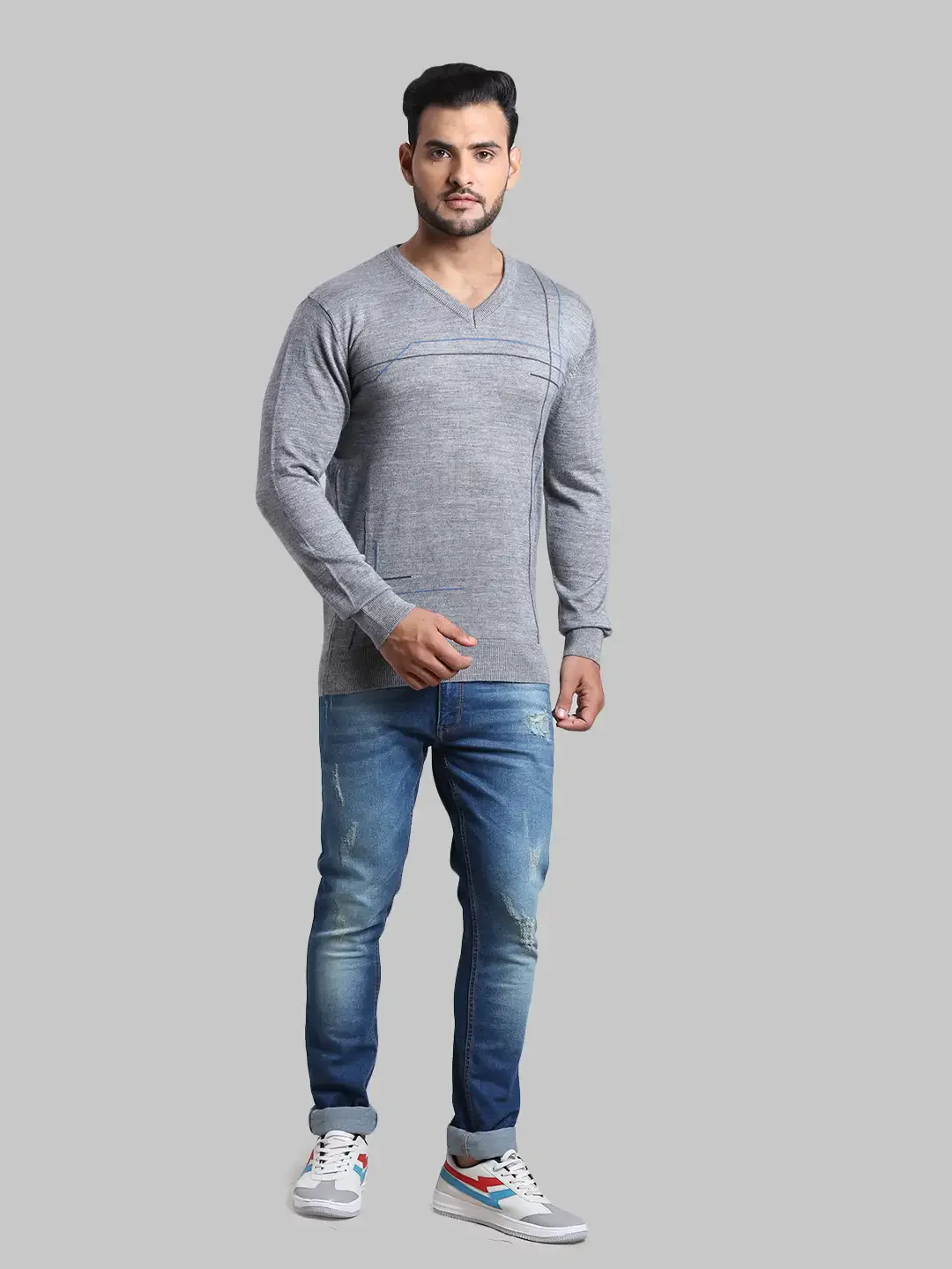 Men Grey Tailored Fit Intarsia Acrylic Wool Blend Full Sleeve V Neck Collar Sweaters - Image 5
