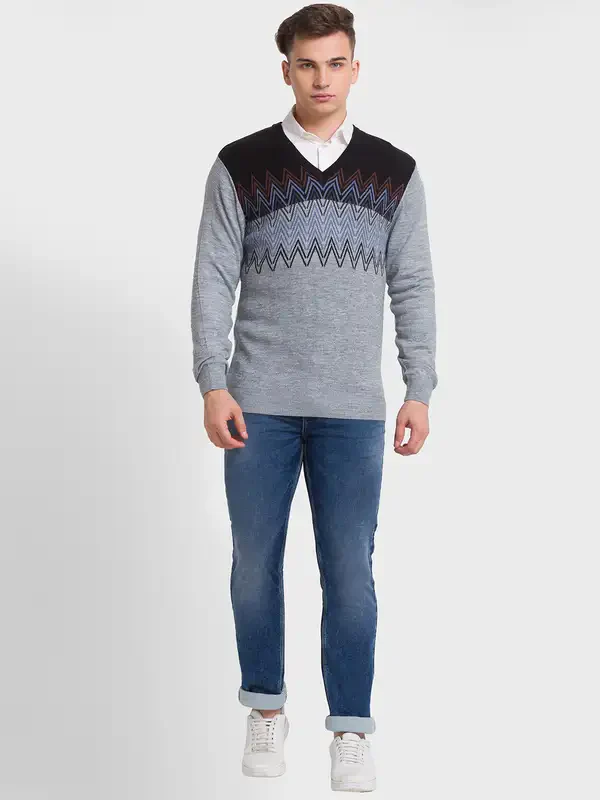 Men Grey Tailored Fit Jacquard Acrylic Merino Blend Full Sleeve V Neck Collar Sweaters - Image 5