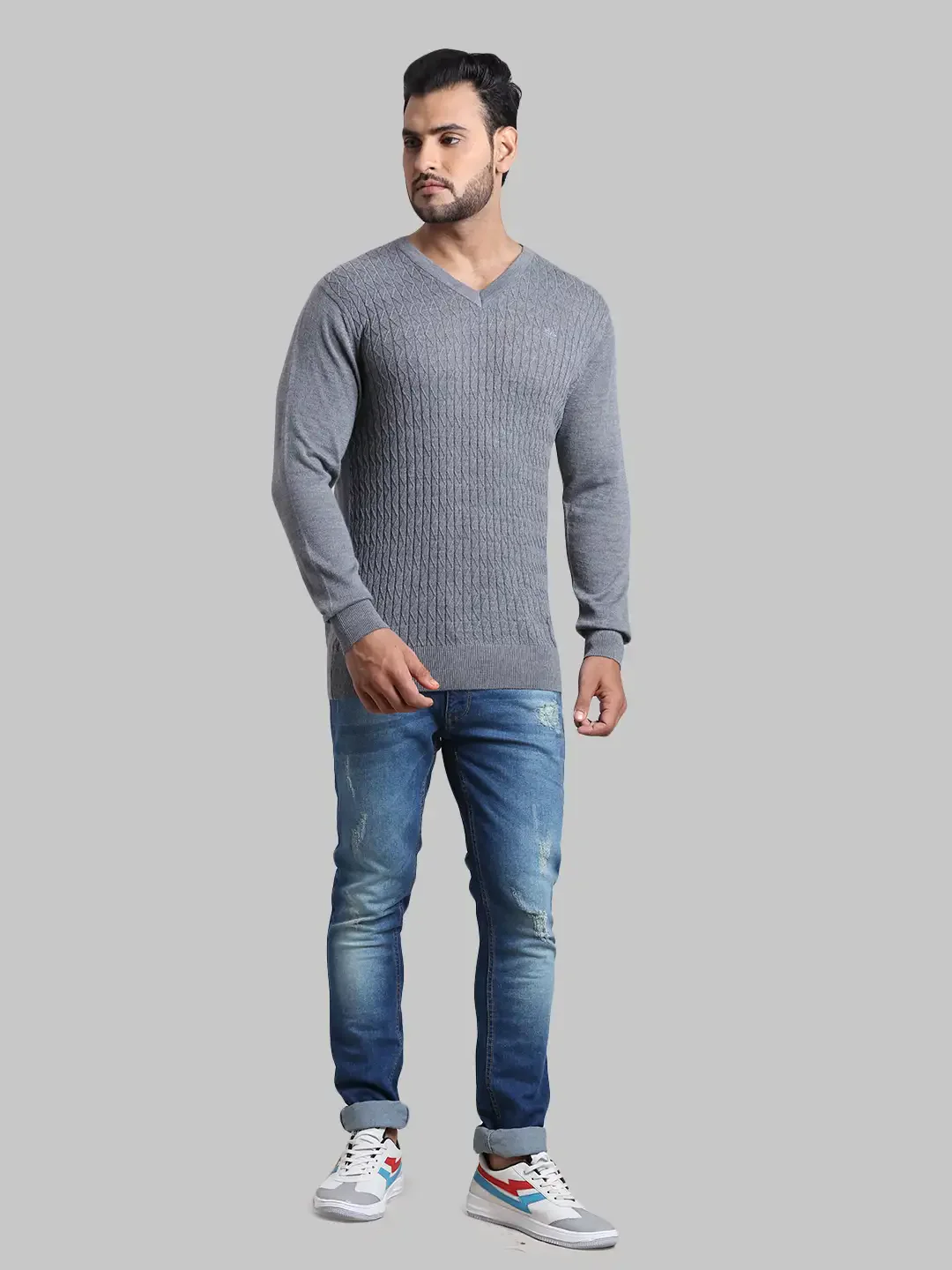 Men Grey Tailored Fit Jacquard Acrylic Wool Blend Full Sleeve V Neck Collar Sweaters - Image 5