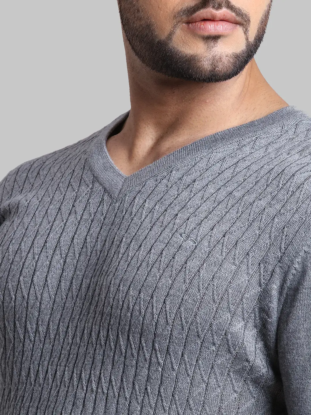Men Grey Tailored Fit Jacquard Acrylic Wool Blend Full Sleeve V Neck Collar Sweaters - Image 6