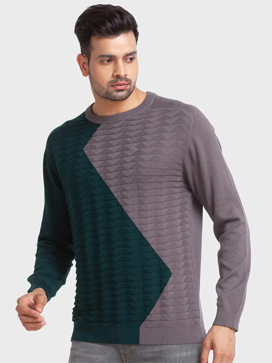 Men Grey Tailored Fit Jacquard Cotton Full Sleeve Round Collar Sweaters - Image 3