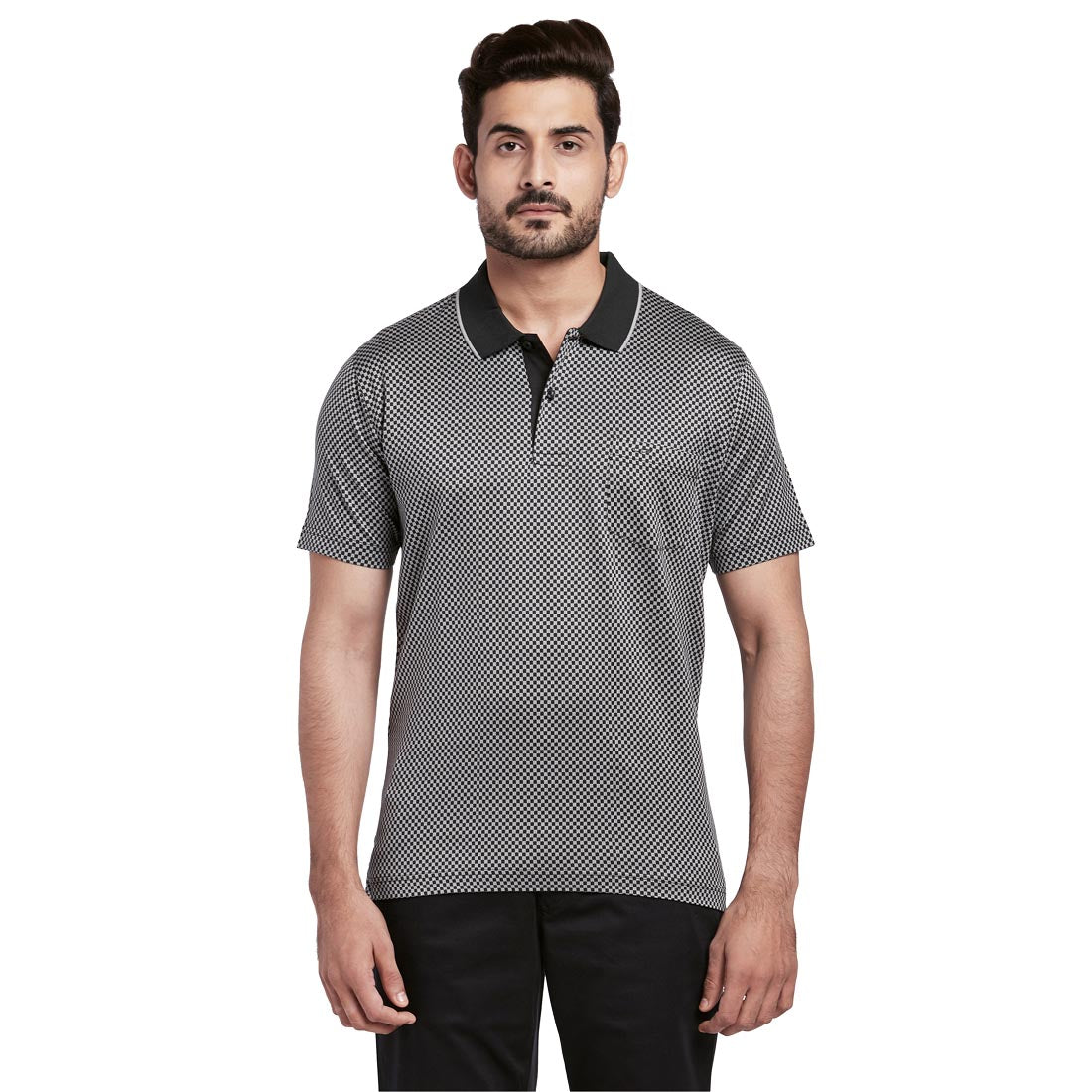 Men Grey Tailored Fit Jacquard Cotton Half Sleeve T-Shirt