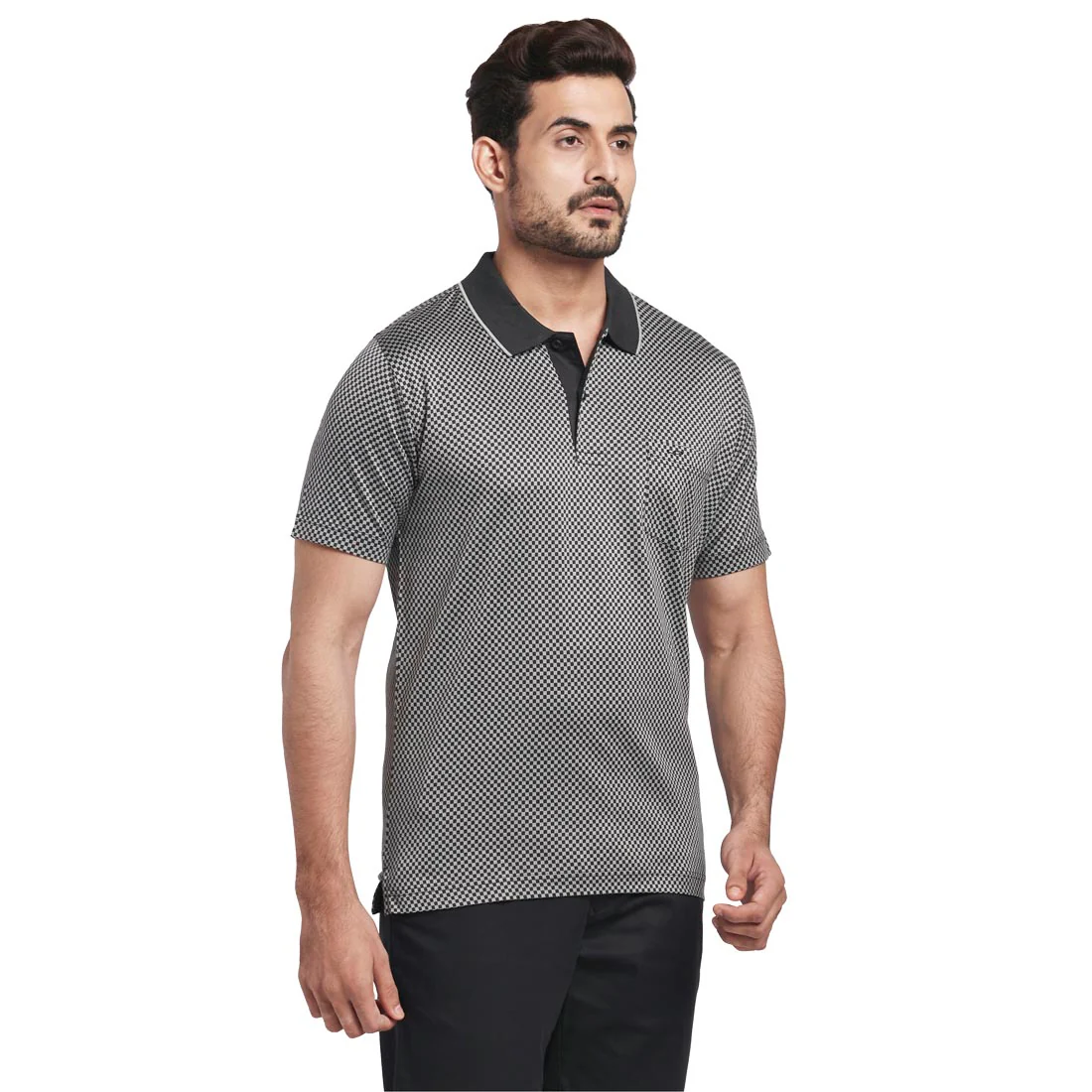 Men Grey Tailored Fit Jacquard Cotton Half Sleeve T-Shirt - Image 2