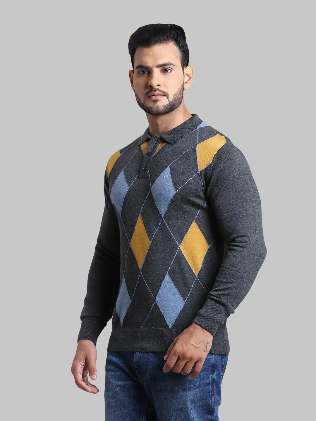 Men Grey Tailored Fit Jacquard Wool Blend Full Sleeve Sweaters - Image 3