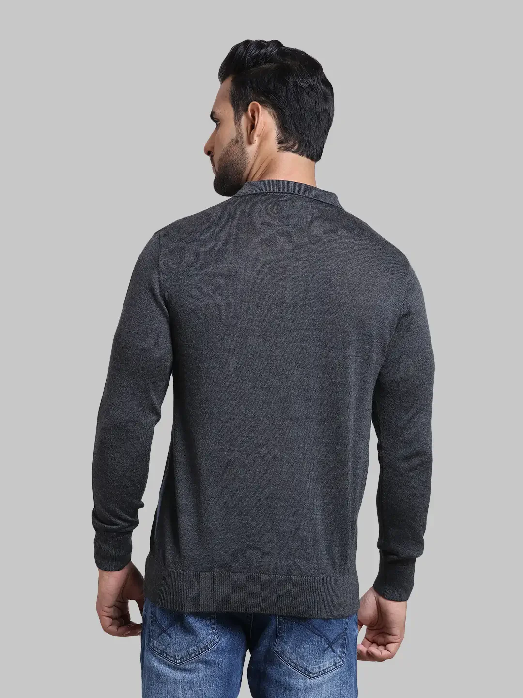Men Grey Tailored Fit Jacquard Wool Blend Full Sleeve Sweaters - Image 4