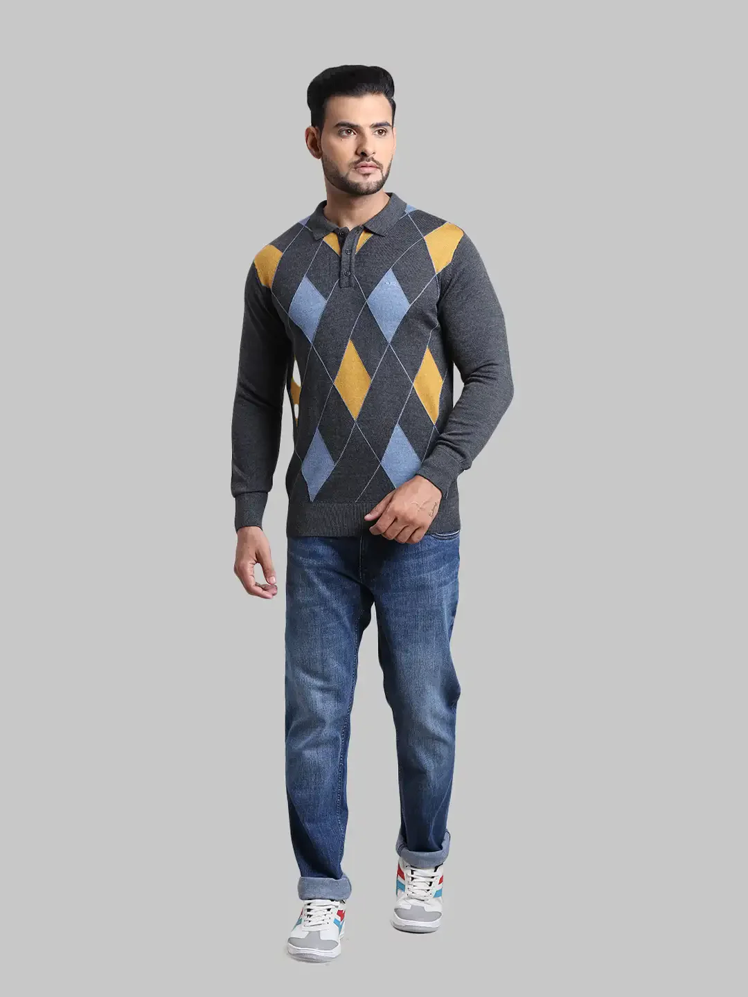 Men Grey Tailored Fit Jacquard Wool Blend Full Sleeve Sweaters - Image 5