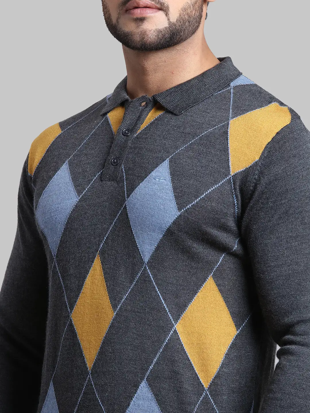 Men Grey Tailored Fit Jacquard Wool Blend Full Sleeve Sweaters - Image 6