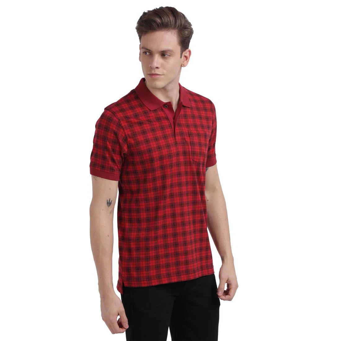 Men Grey Tailored Fit Print Cotton Half Sleeve Round Neck Collar Polo T-Shirt - Image 2