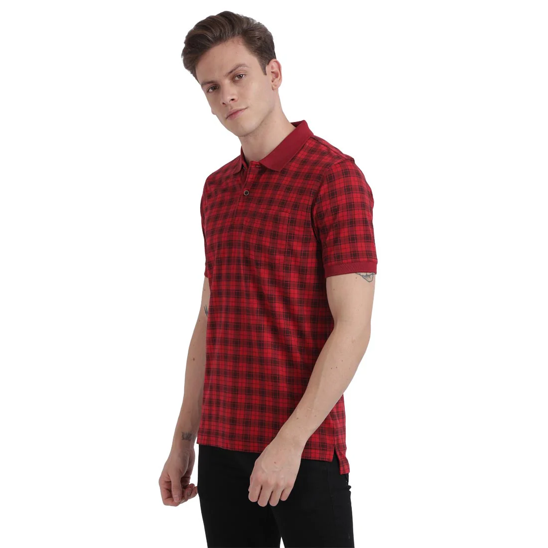 Men Grey Tailored Fit Print Cotton Half Sleeve Round Neck Collar Polo T-Shirt - Image 3
