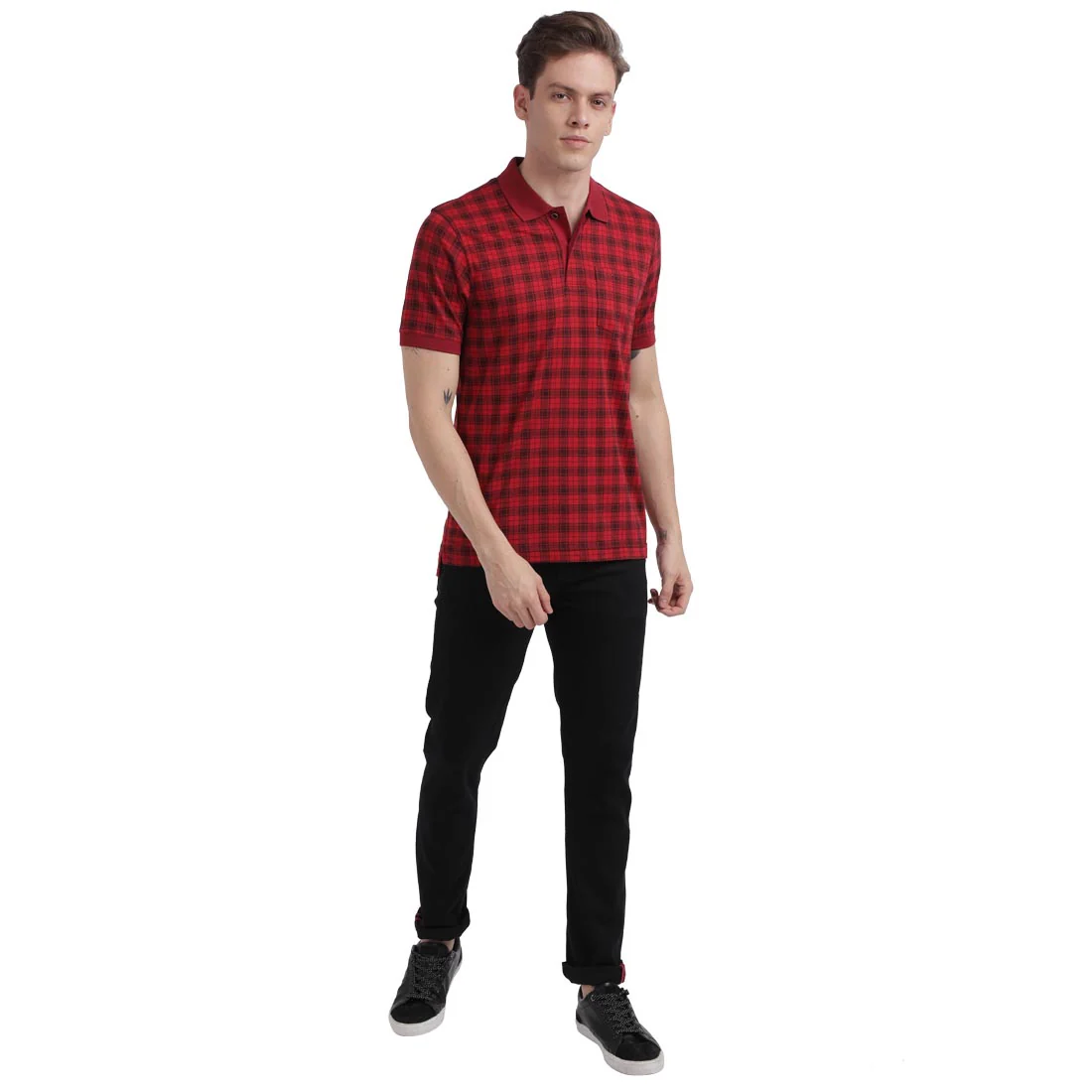 Men Grey Tailored Fit Print Cotton Half Sleeve Round Neck Collar Polo T-Shirt - Image 5