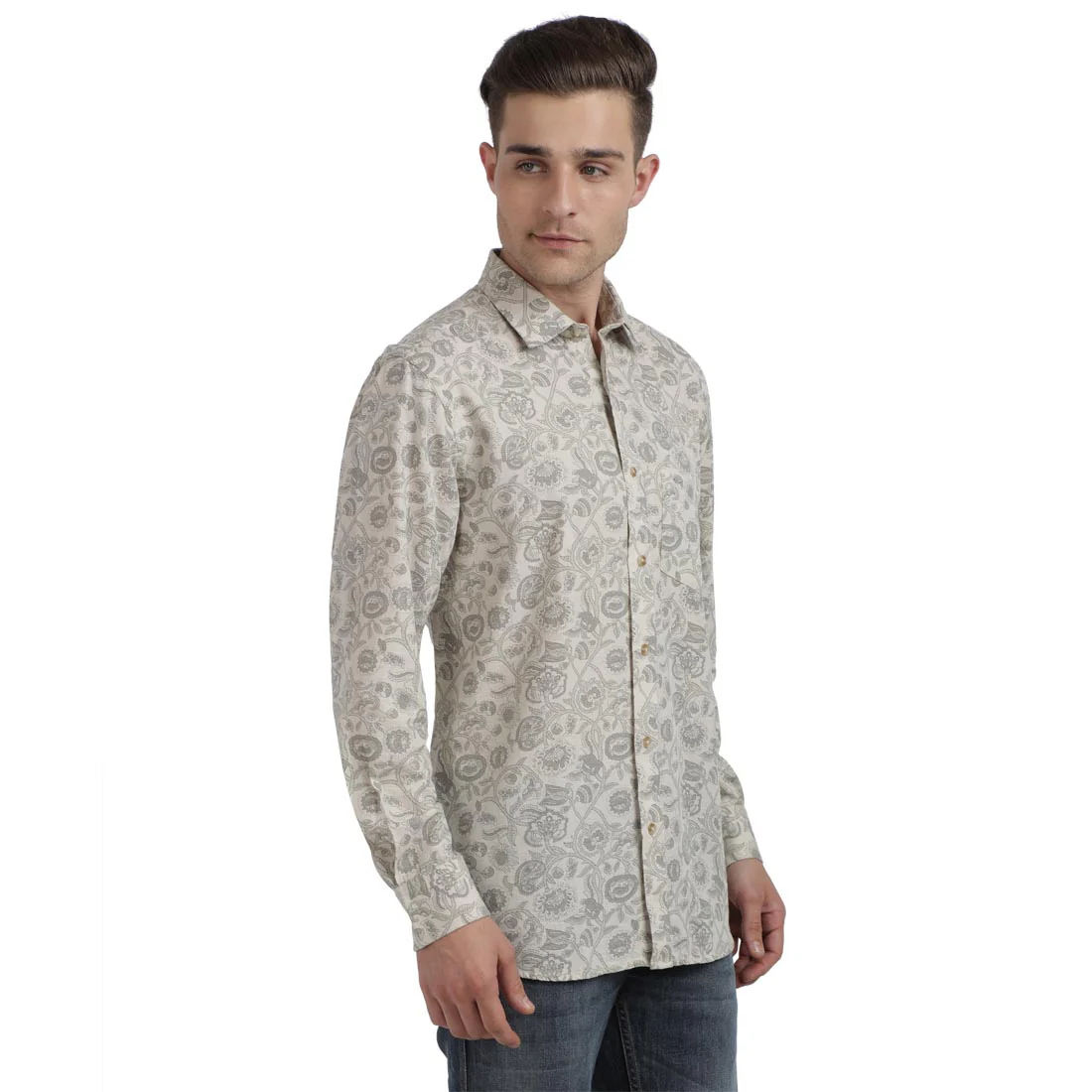 Men Grey Tailored Fit Print Linen Cotton Blend Full Sleeve Shirts - Image 2