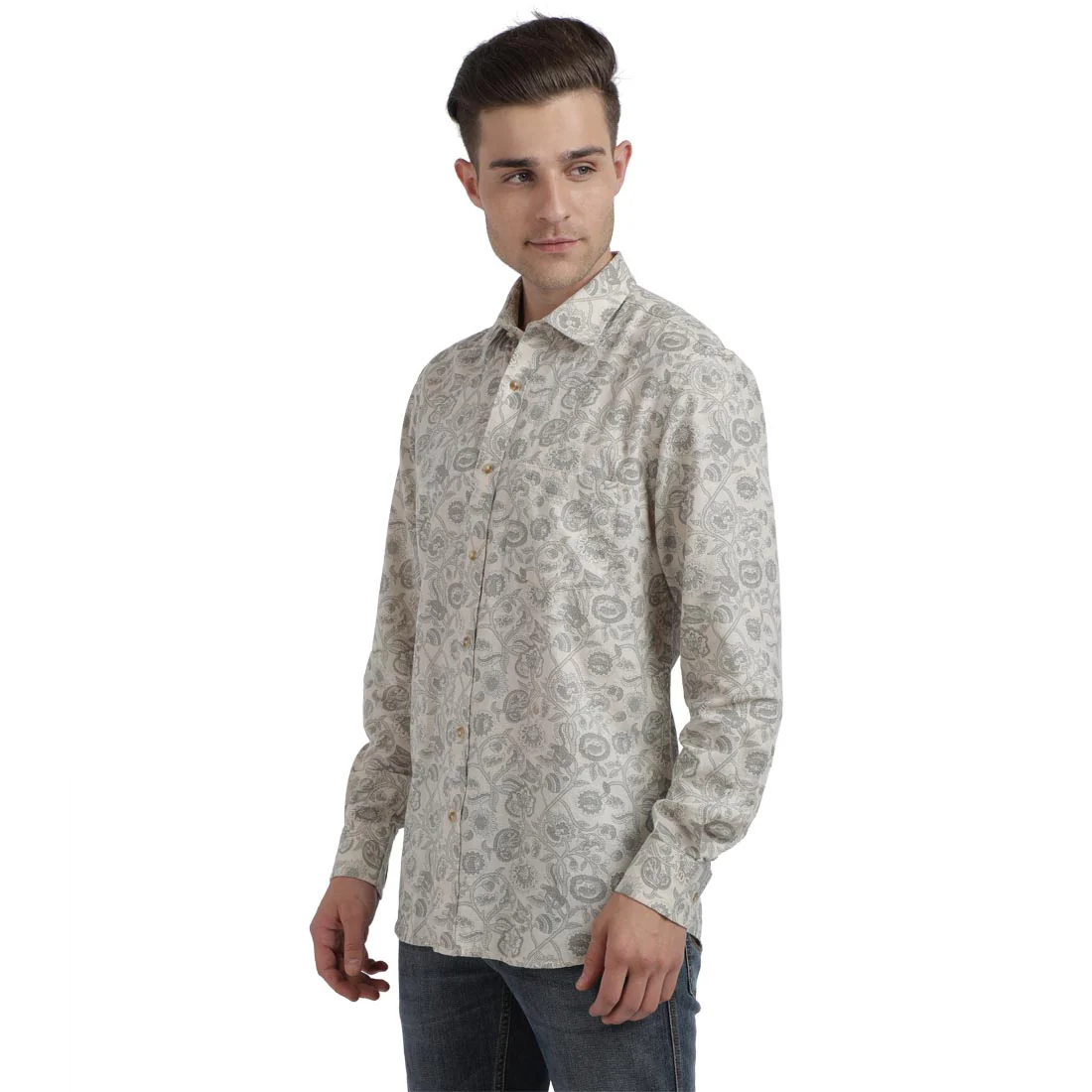 Men Grey Tailored Fit Print Linen Cotton Blend Full Sleeve Shirts - Image 3