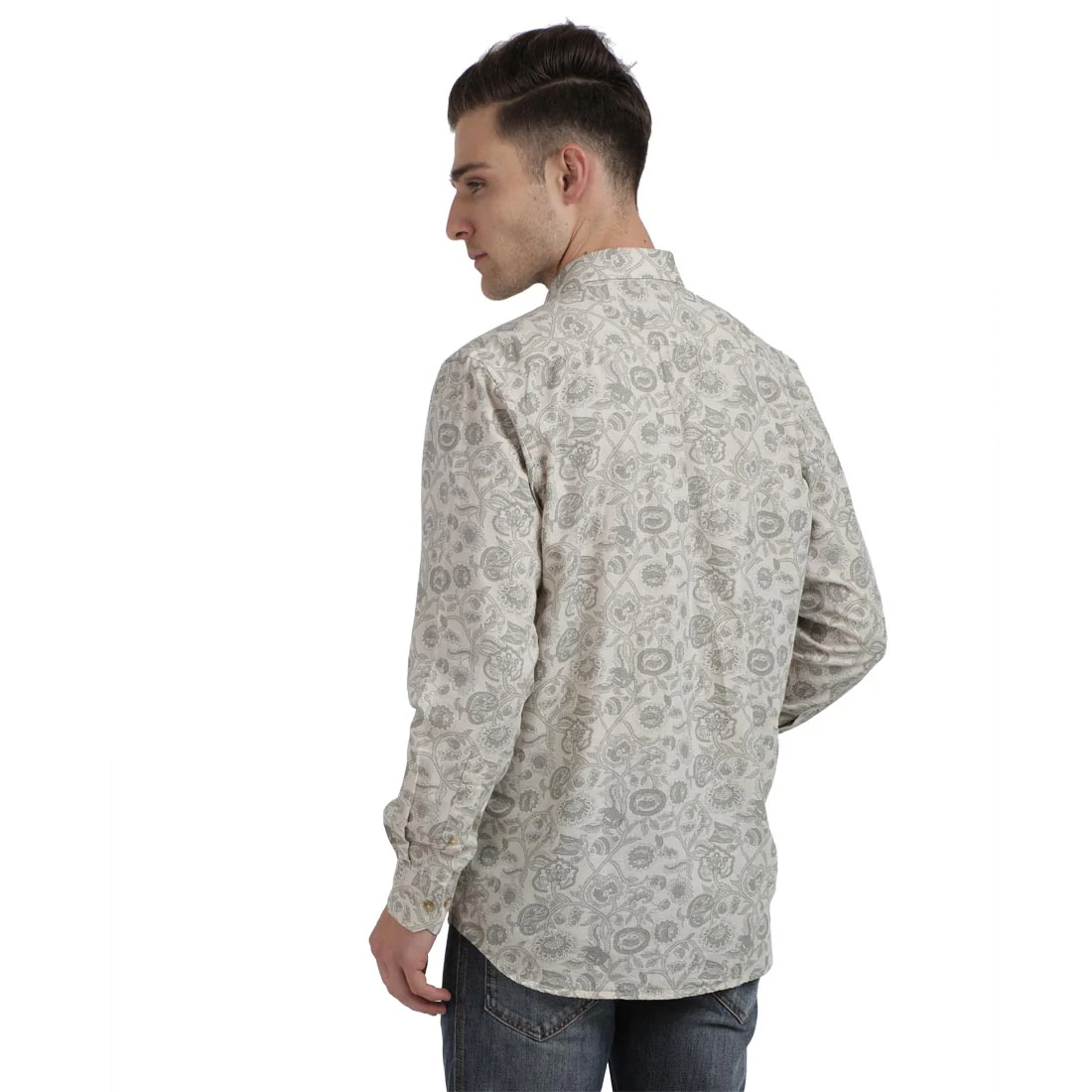 Men Grey Tailored Fit Print Linen Cotton Blend Full Sleeve Shirts - Image 4