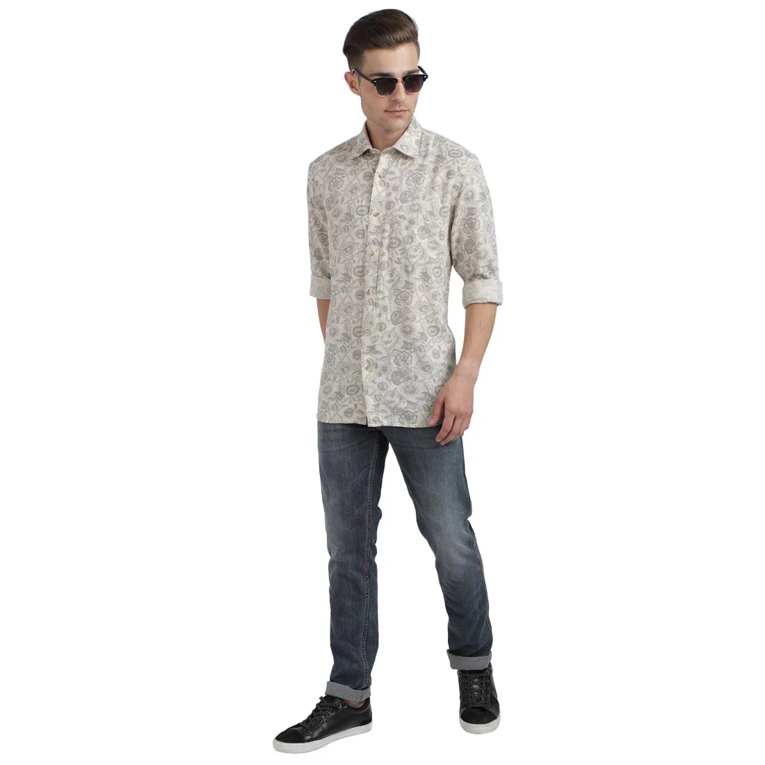 Men Grey Tailored Fit Print Linen Cotton Blend Full Sleeve Shirts - Image 5