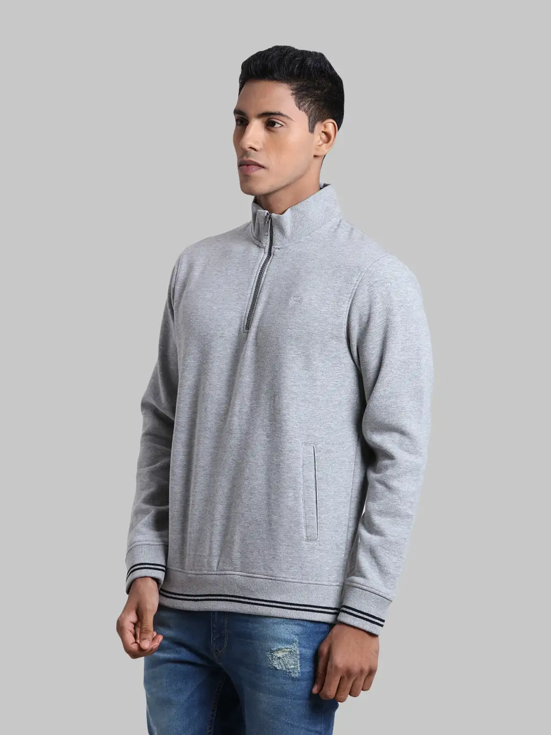 Men Grey Tailored Fit Solid Cotton Full Sleeve Henley Neck Collar Sweatshirts - Image 3