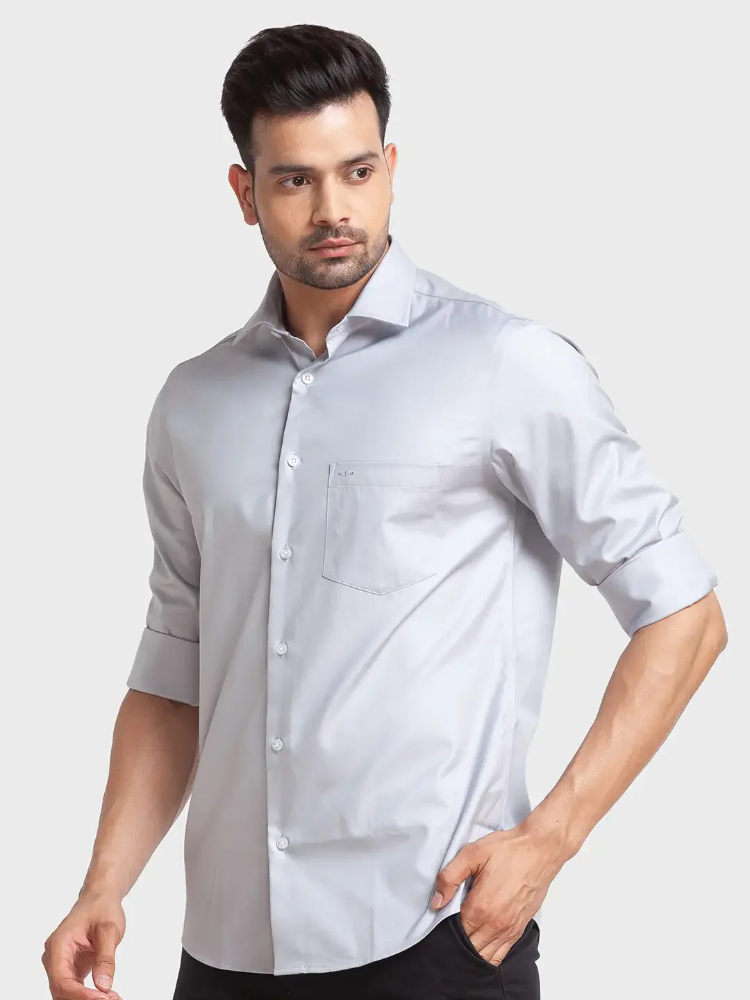 Men Grey Tailored Fit Solid Cotton Full Sleeve Shirts - Image 3