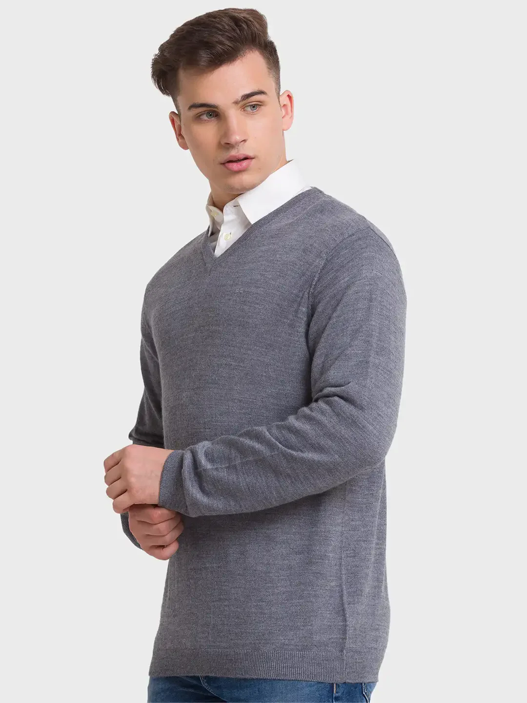 Men Grey Tailored Fit Solid Merino Wool Acrylic Blend Full Sleeve V Neck Collar Sweaters - Image 3
