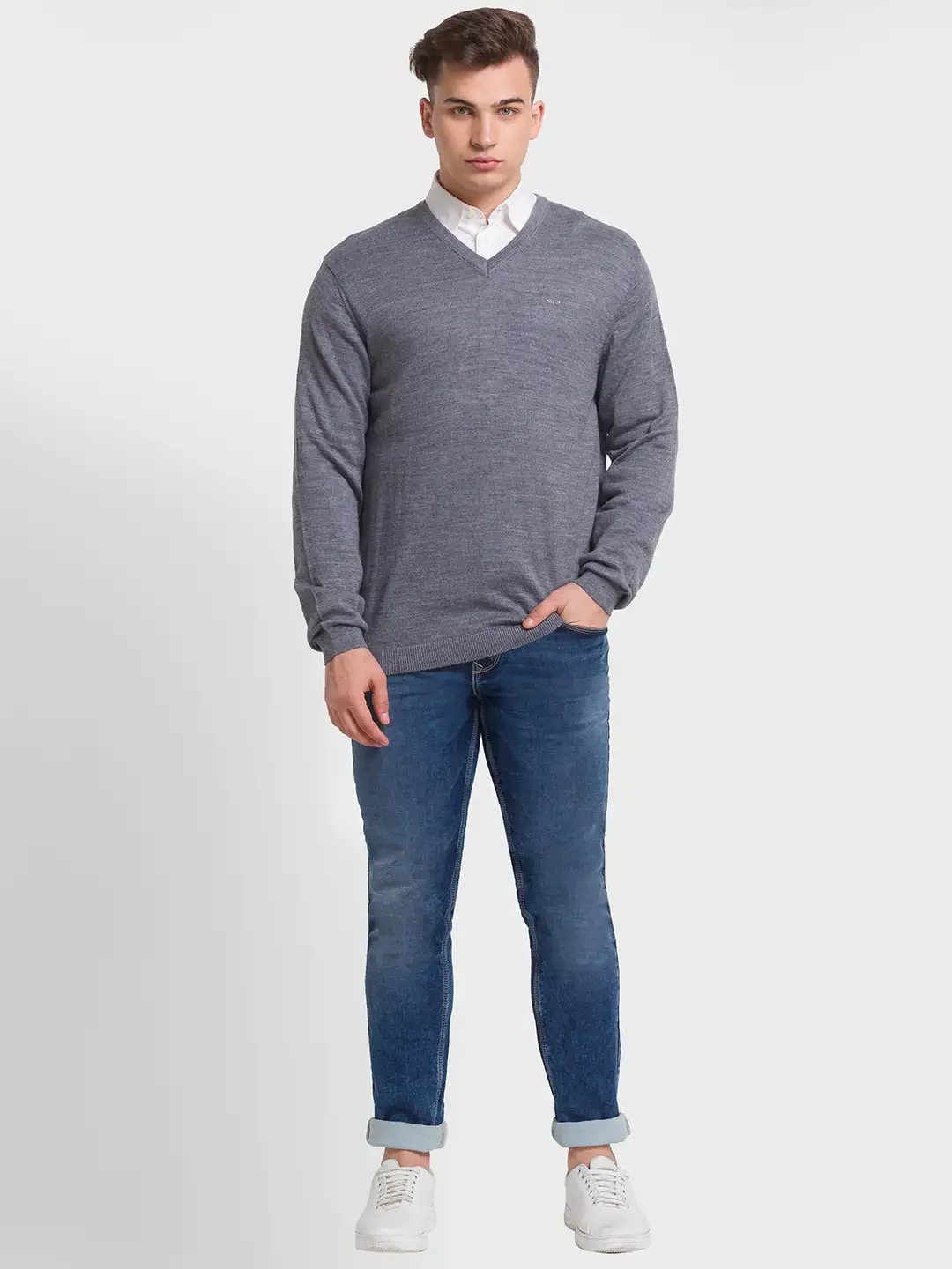Men Grey Tailored Fit Solid Merino Wool Acrylic Blend Full Sleeve V Neck Collar Sweaters - Image 5