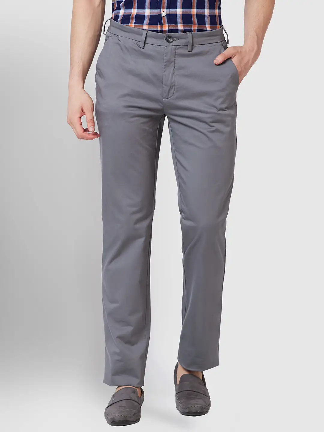 Men Grey Tailored Fit Solid Piece Dyed Cotton Blend Trouser