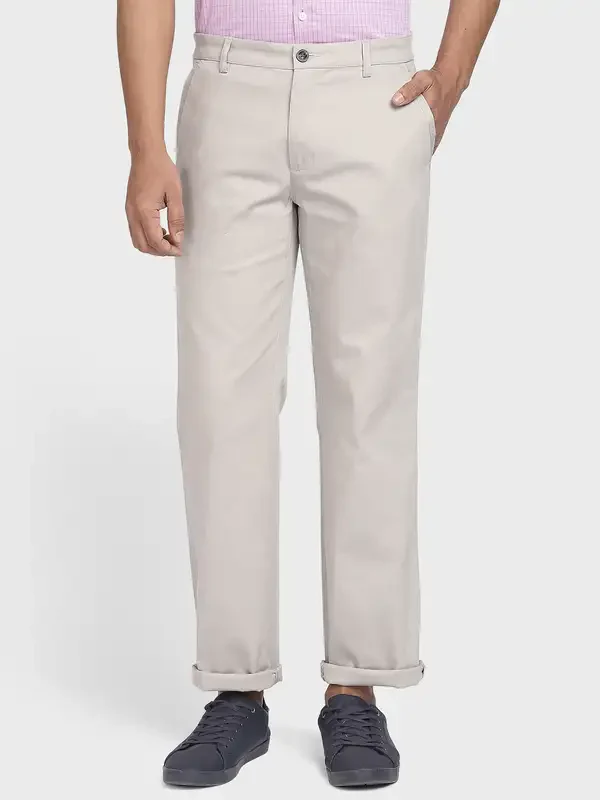 Men Grey Tailored Fit Solid Piece Dyed Cotton Blend Trouser