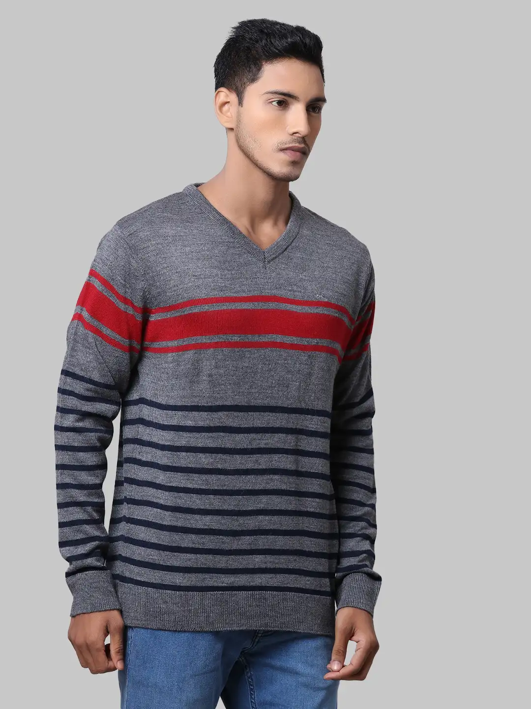 Men Grey Yarn Dyed Acrylic Full Sleeve Sweaters - Image 2