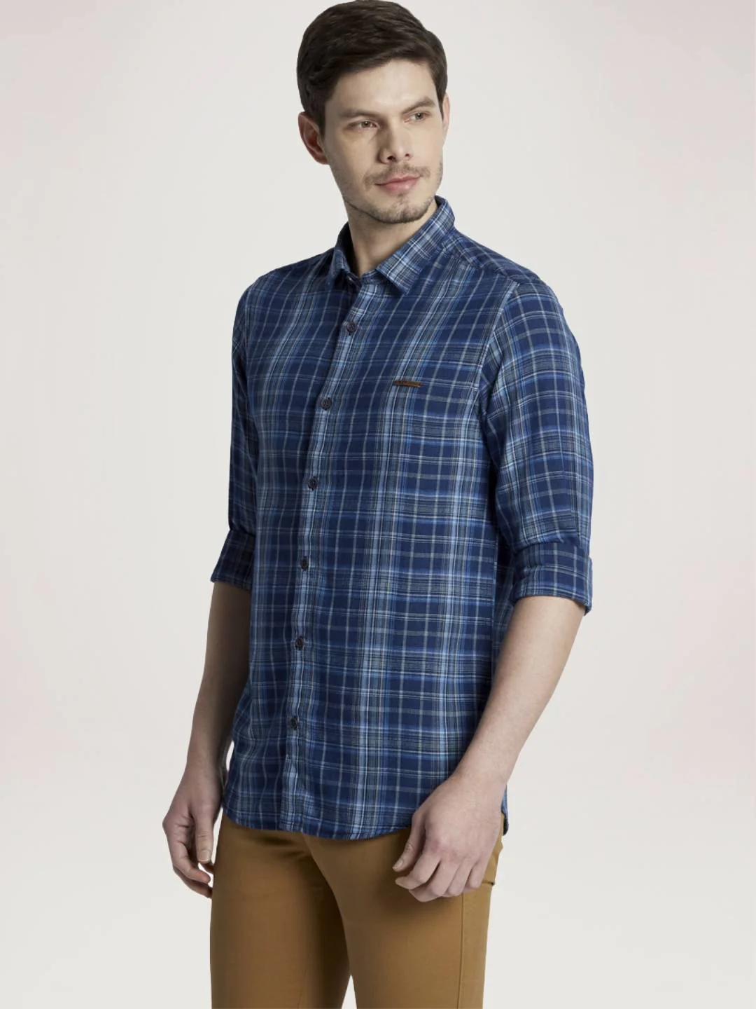 Men Indigo Contemporary Fit Checks Cotton Blend Full Sleeve Shirts - Image 3