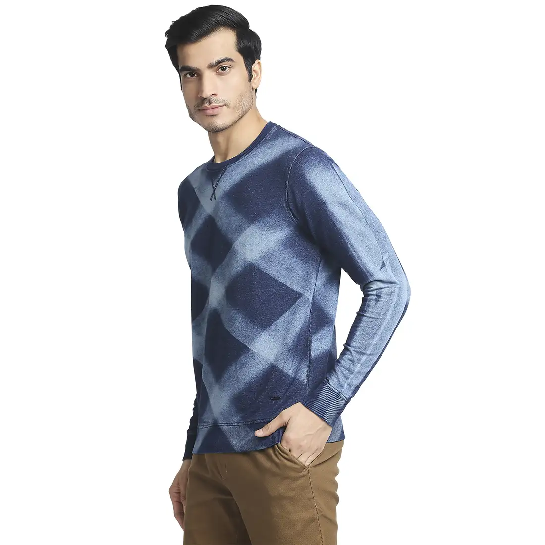 Men Indigo Tailored Fit Solid Cotton Full Sleeve Sweatshirts - Image 3