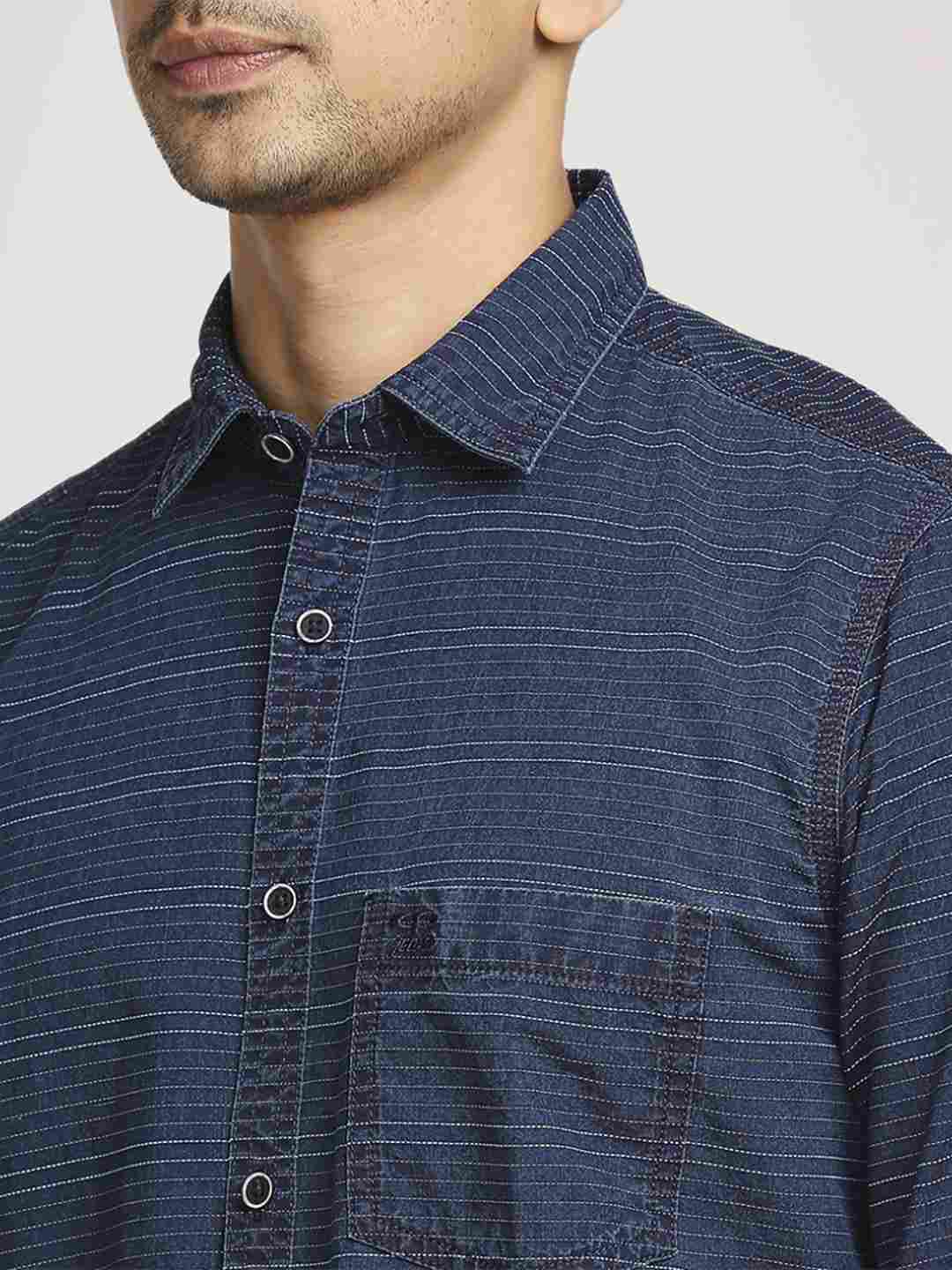 Men Indigo Tailored Fit Stripe Cotton Blend Full Sleeve Shirts