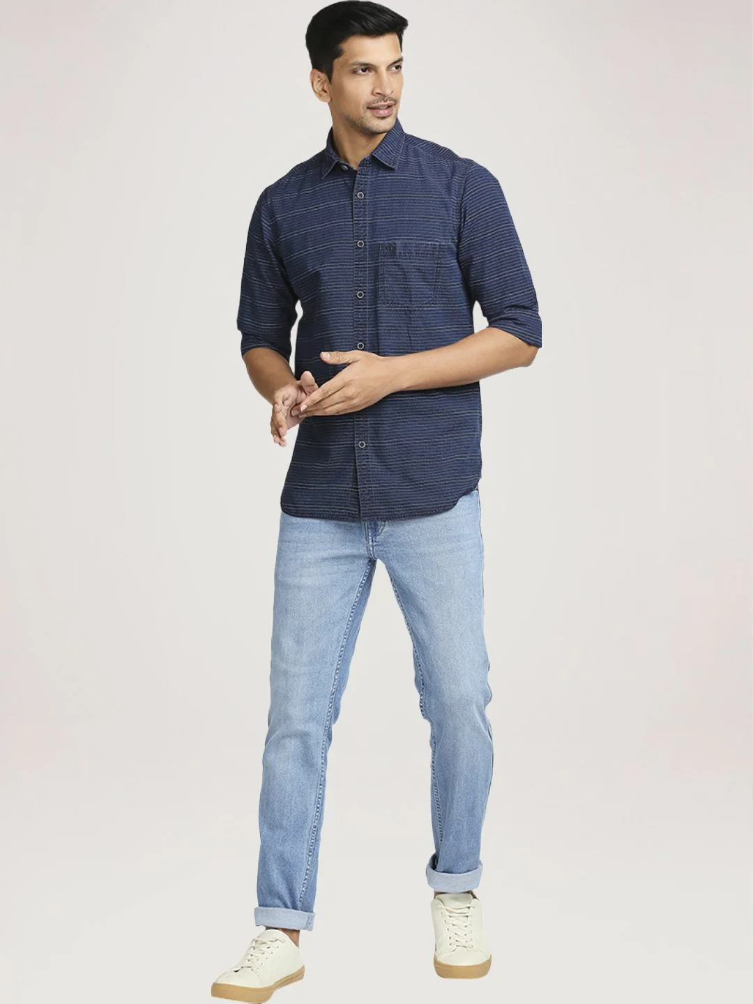Men Indigo Tailored Fit Stripe Cotton Blend Full Sleeve Shirts - Image 2